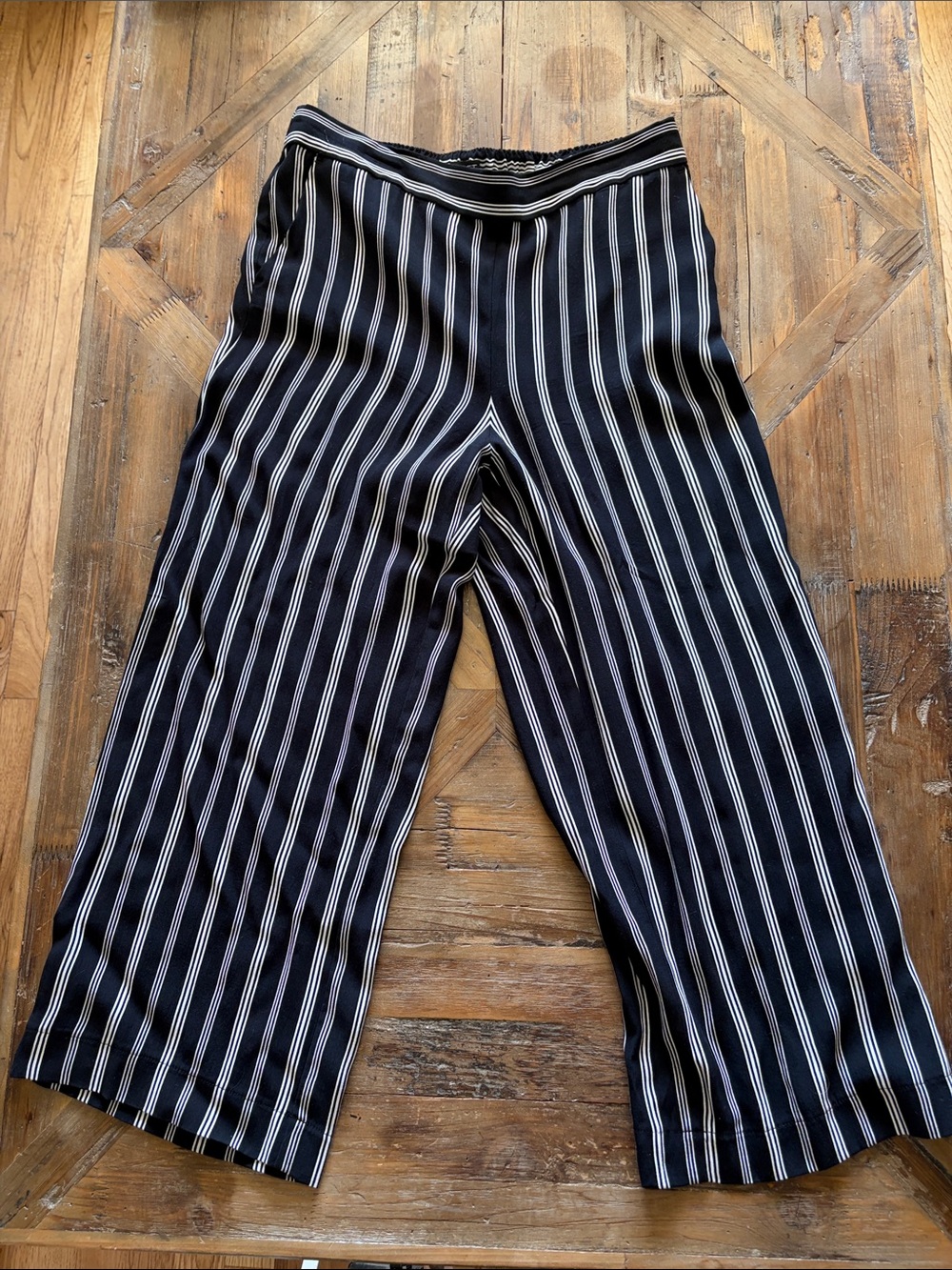 LOFT Black Wide Straight-Leg Pants with White Pinstripes